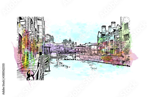 Building view with landmark of Cambridge is a city on the River Cam in eastern England. Watercolor splash with hand drawn sketch illustration in vector.