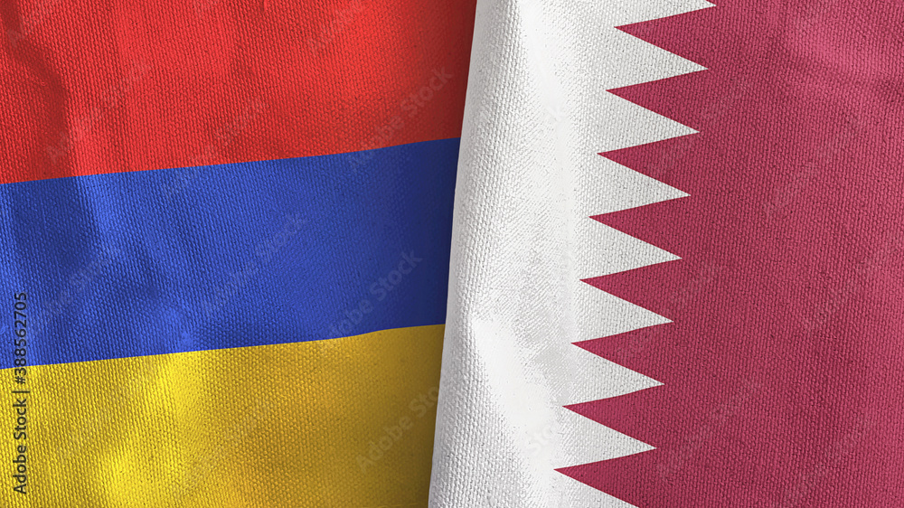 Qatar and Armenia two flags textile cloth 3D rendering