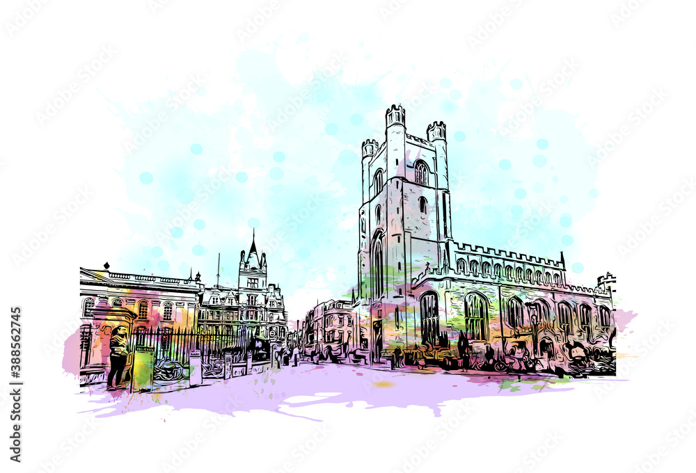 Building view with landmark of Cambridge is a city on the River Cam in eastern England. Watercolor splash with hand drawn sketch illustration in vector.