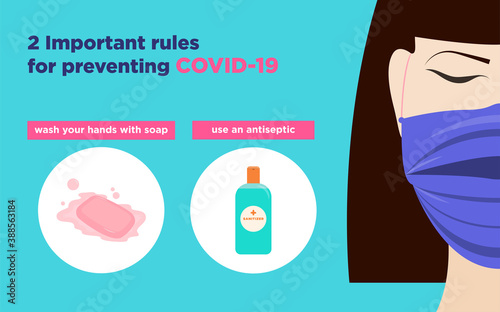COVID-19 Medical poster template in flat design Girl in face mask on blue background Two most important products for personal hygiene during the coronavirus epidemic