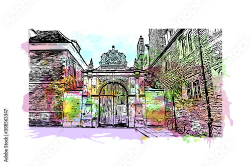 Building view with landmark of Cambridge is a city on the River Cam in eastern England. Watercolor splash with hand drawn sketch illustration in vector.