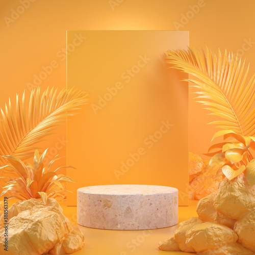 Abstract Mockup Empty Podium With Yellow Forest Concept Background 3d Render