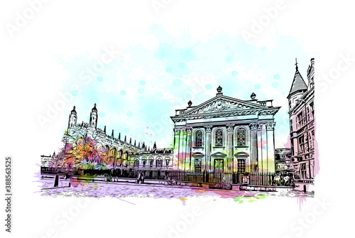 Building view with landmark of Cambridge is a city on the River Cam in eastern England. Watercolor splash with hand drawn sketch illustration in vector.