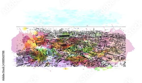 Building view with landmark of Cambridge is a city on the River Cam in eastern England. Watercolor splash with hand drawn sketch illustration in vector.