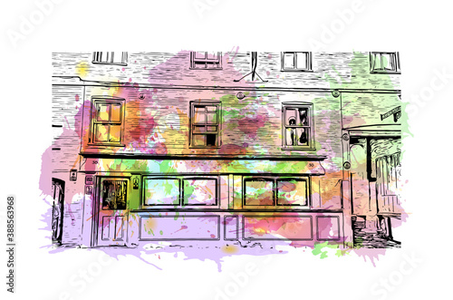 Building view with landmark of Cambridge is a city on the River Cam in eastern England. Watercolor splash with hand drawn sketch illustration in vector.