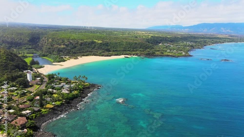 Aerial Fly Over of Pristine Waimea Bay in North Shore Oahu, Hawaii photo