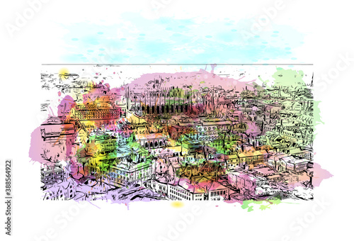 Building view with landmark of Cambridge is a city on the River Cam in eastern England. Watercolor splash with hand drawn sketch illustration in vector.