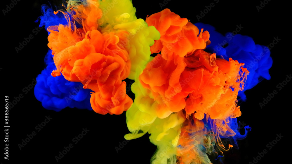 Color drops in water , abstract color mix , drop of Ink color mix paint falling on background,
