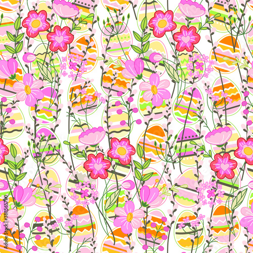 Seamless spring pattern with stylized cute eggs.  Endless texture for your design, greeting cards, announcements, posters.