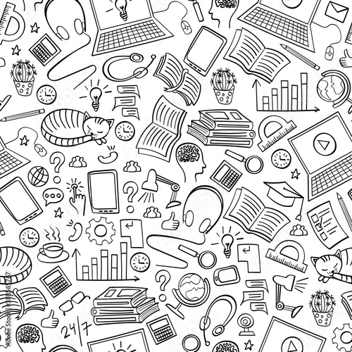 Online education hand drawn seamless pattern. Black doodles on white background. Vector illustration.