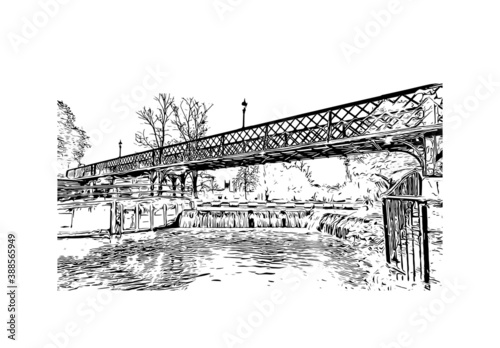 Building view with landmark of Cambridge is a city on the River Cam in eastern England. Hand drawn sketch illustration in vector.