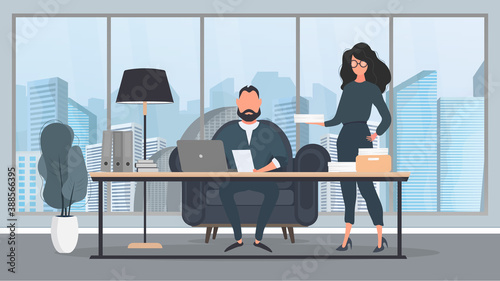 The girl brings the documents to the boss. Businessman working on laptop. Director's workplace. Laptop, documents, books, loft-style table. Vector.