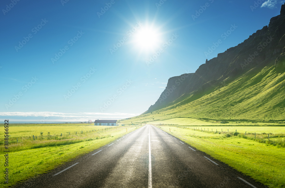 sunny road in summer Iceland