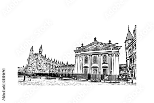 Building view with landmark of Cambridge is a city on the River Cam in eastern England. Hand drawn sketch illustration in vector.