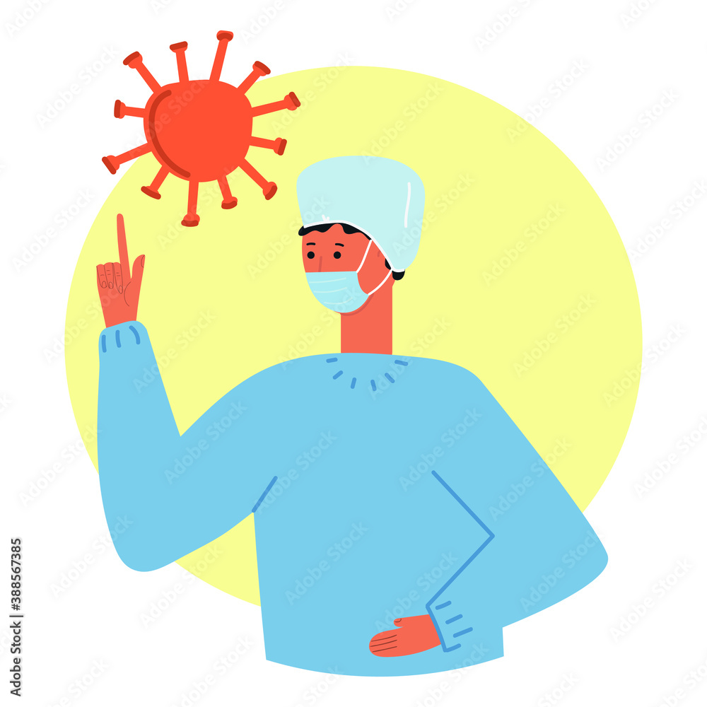 doctor in medical mask and cap shows index finger, virus, bacteria symbol. Important to take protective measures concept. Flat illustration. doctor in medical mask and cap shows index finger, virus, bacteria symbol. Important to take protective measures concept. Flat illustration.