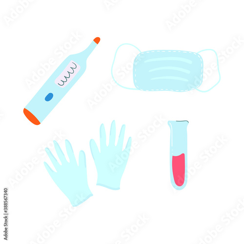 Test tube, medicine mask and gloves, thermometer. Set of medical tools. Flat illustration.