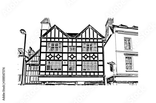 Building view with landmark of Cambridge is a city on the River Cam in eastern England. Hand drawn sketch illustration in vector.