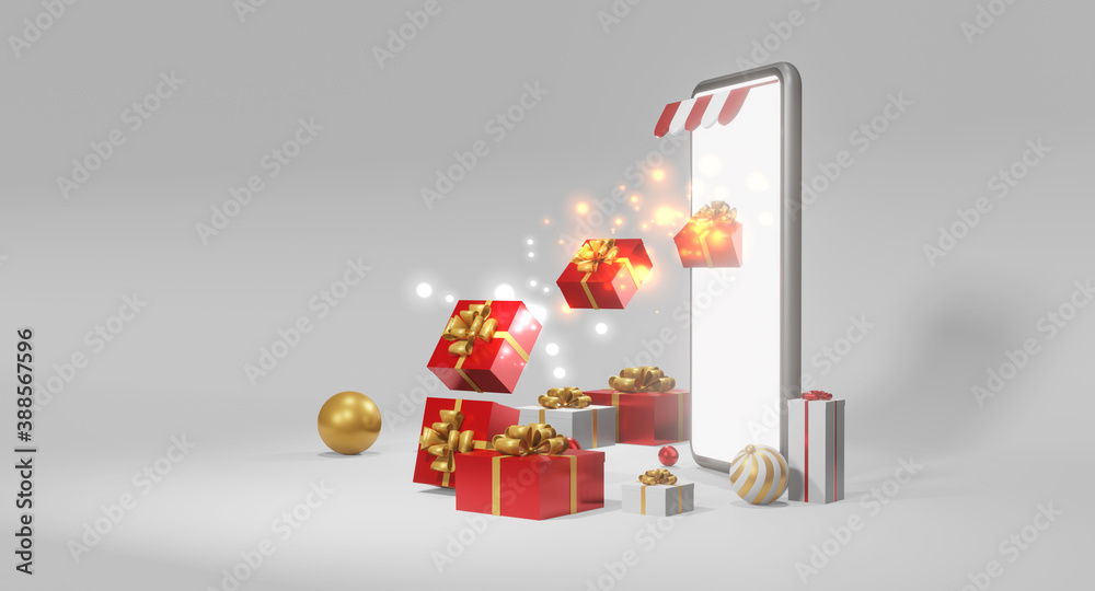 Smartphone with gifts. Christmas gift giving concept,3d rendering