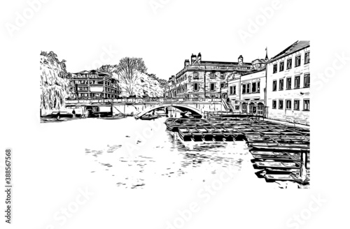 Building view with landmark of Cambridge is a city on the River Cam in eastern England. Hand drawn sketch illustration in vector.
