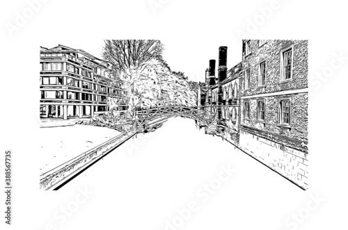 Building view with landmark of Cambridge is a city on the River Cam in eastern England. Hand drawn sketch illustration in vector.