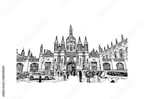 Building view with landmark of Cambridge is a city on the River Cam in eastern England. Hand drawn sketch illustration in vector.