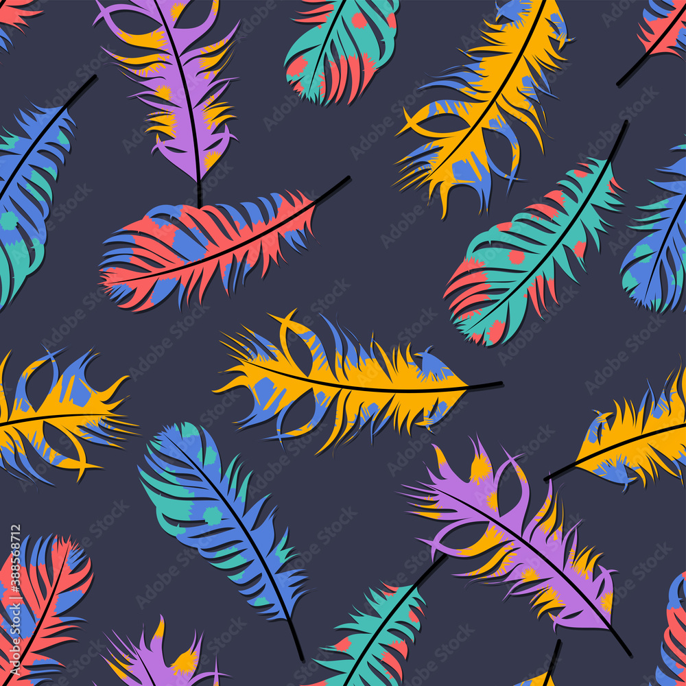 Fototapeta Feathers seamless pattern on dark background. vector illustration.