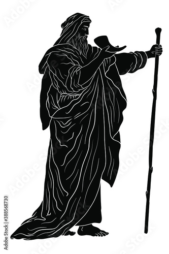 Ancient Greek old man in a cloak with a staff and a horn in his hands.