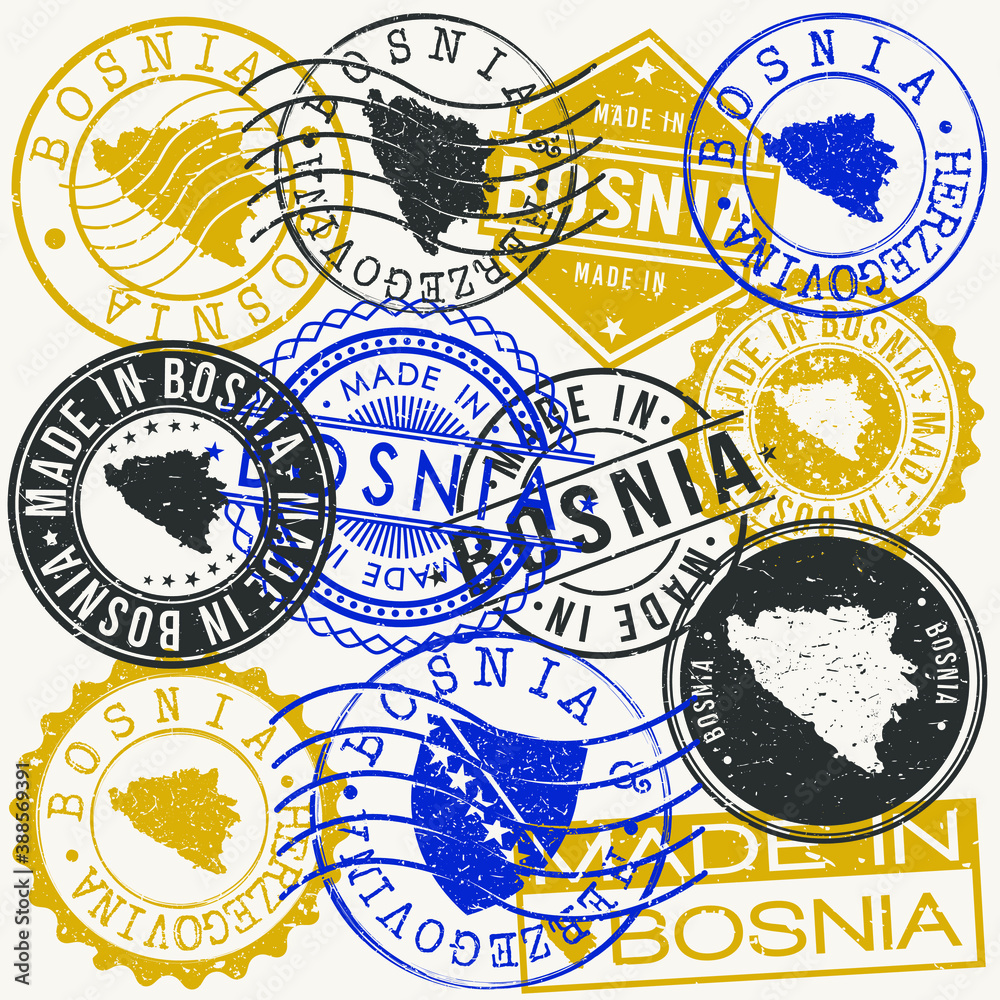 Bosnia and Herzegovina Set of Stamps. Travel Passport Stamp. Made In Product. Design Seals Old Style Insignia. Icon Clip Art Vector.