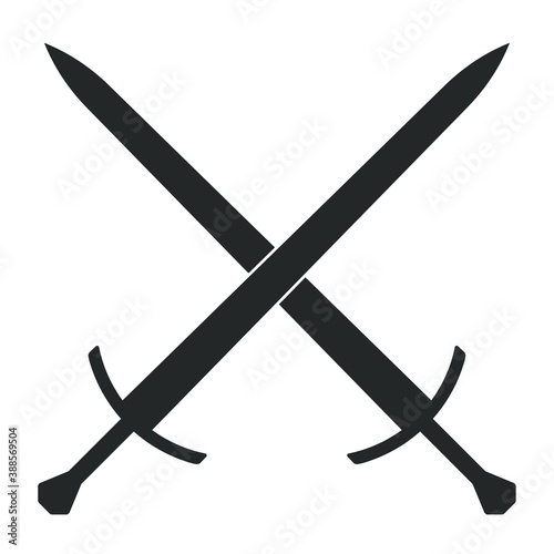 Sword vector illustration icon. Crossed swords military or heraldry symbol. Protection and security sign. Medieval or knight weapon. Fantasy longsword fencing logo. Clip-art silhouette.