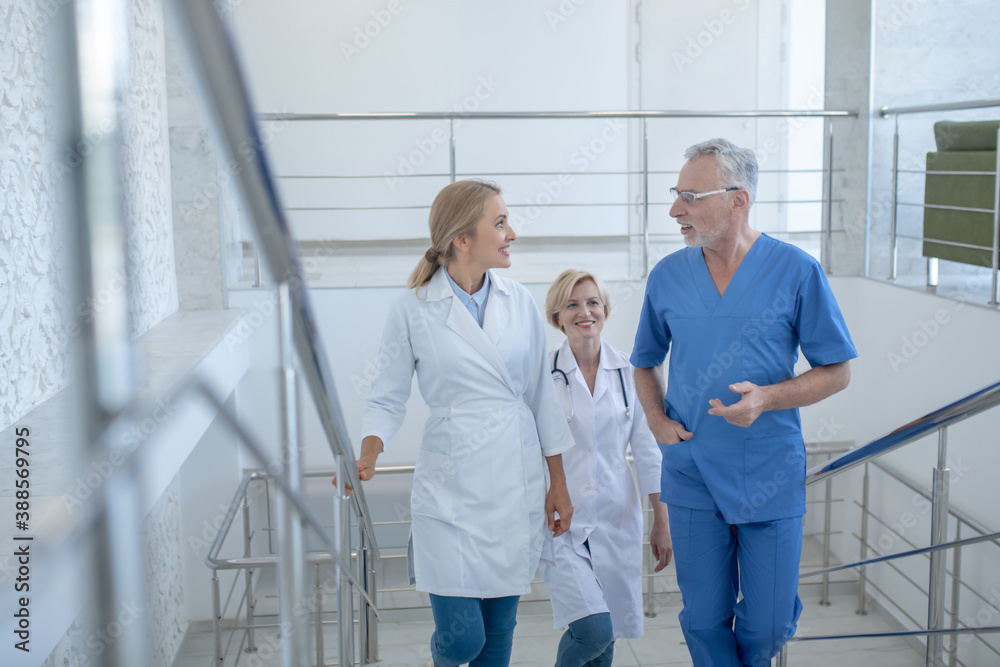 Obraz premium Group of professional medical workers going upstairs, discussing something