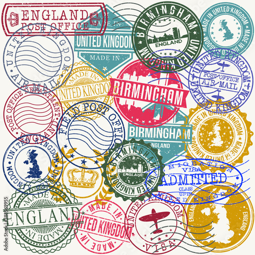 Birmingham England. Set of Stamps. Travel Stamp. Made In Product. Design Seals Old Style Insignia.