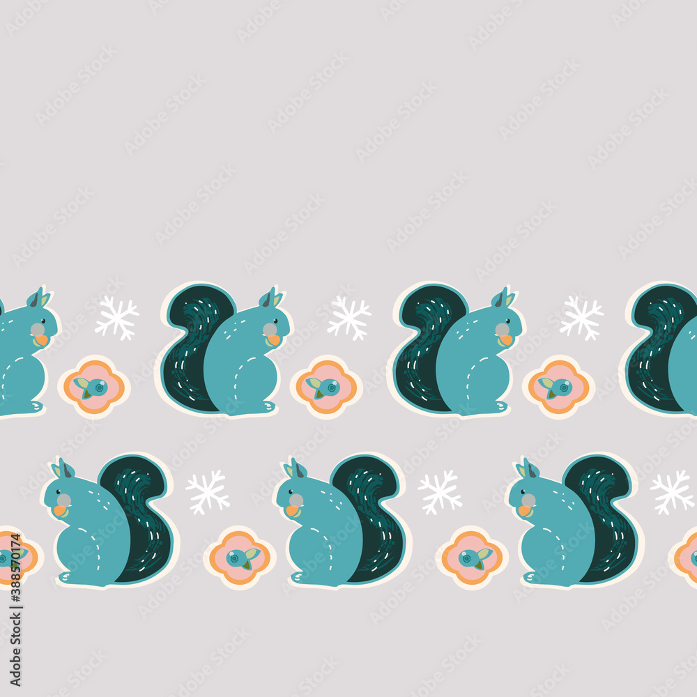 Vector geometric stylized winter squirrel kawaii border. Seamless cute scandinavian style seamless pattern with squirrel and berry on neutral grey background. Perfect for fabric, nursery and home