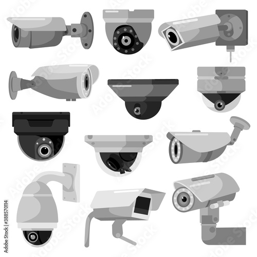 Set CCTV camera on white backdrop. Equipment surveillance for protection, safety and watching. Security camera in style flat design.