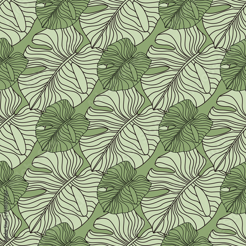 Floral seamless pattern with doodle monstera contoured silhouettes. Outline foliage shapes in green and grey tones.