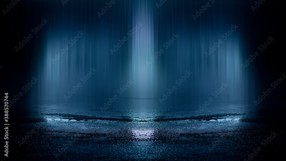 Dark street, wet asphalt, reflections of rays in the water. Abstract dark blue background, smoke, smog. Empty dark scene, neon light, spotlights. Concrete floor Dark street, wet asphalt, reflections of rays in the water. Abstract dark blue background, smoke, smog. Empty dark scene, neon light, spotlights. Concrete floor