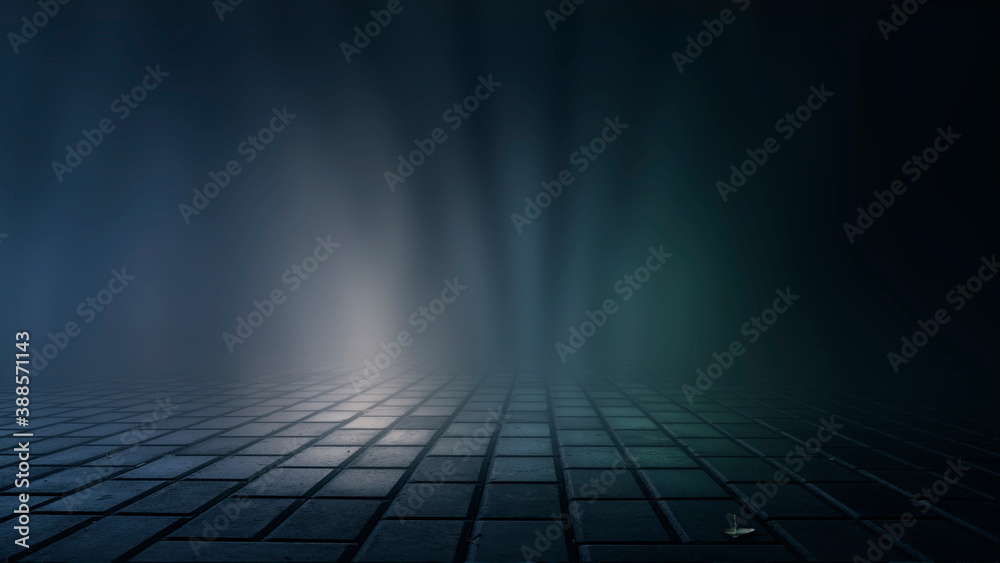 Dark street, wet asphalt, reflections of rays in the water. Abstract dark blue background, smoke, smog. Empty dark scene, neon light, spotlights. Concrete floor Dark street, wet asphalt, reflections of rays in the water. Abstract dark blue background, smoke, smog. Empty dark scene, neon light, spotlights. Concrete floor