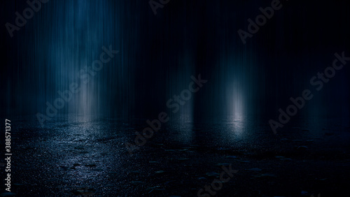 Fototapeta Naklejka Na Ścianę i Meble -  Dark street, wet asphalt, reflections of rays in the water. Abstract dark blue background, smoke, smog. Empty dark scene, neon light, spotlights. Concrete floor