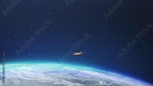 3d rendering, Alien spaceship ufo Flying over Earth atmosphere
