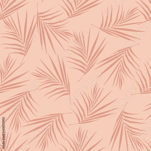 Random minimalistic seamless pattern with doodle fern leaves silhouettes. Botanic tropica artwork in pink tones.