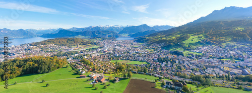 Kriens village, canton of Lucerne. Switzerland. Pilatus peak. Aerial view. City skyline and village landscape