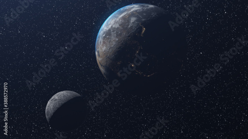 3d rendering, Planet Earth and the moon outer space view