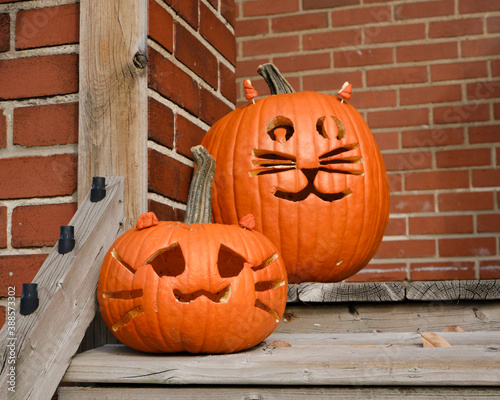 Halloween pumpkins carved with a cat face on front porch against bricks