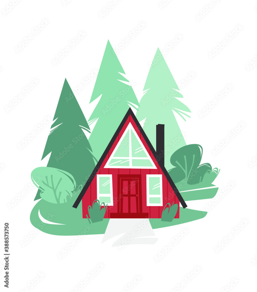 Fototapeta premium Hand Drawn Cartoon House in Garden Background. Flat style illustration Cozy Home. Little Vector Cottage Drawing. Creative Digital Art Work
