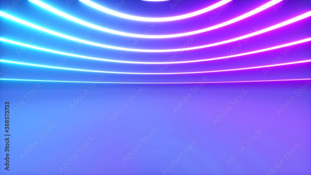 A spherical room with bright neon lighting with an offset effect. Business background. Seamless loop 3d render