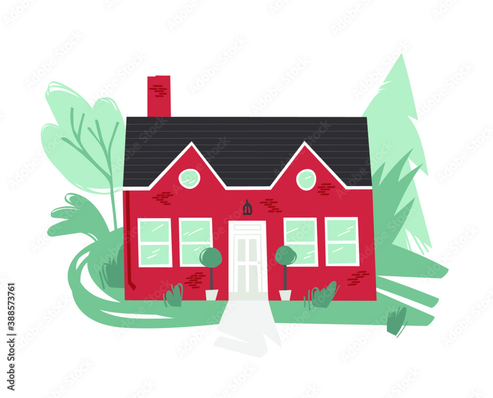 Hand Drawn Cartoon House in Garden Background. Flat style illustration Cozy Home. Little Vector Cottage Drawing. Creative Digital  Art Work