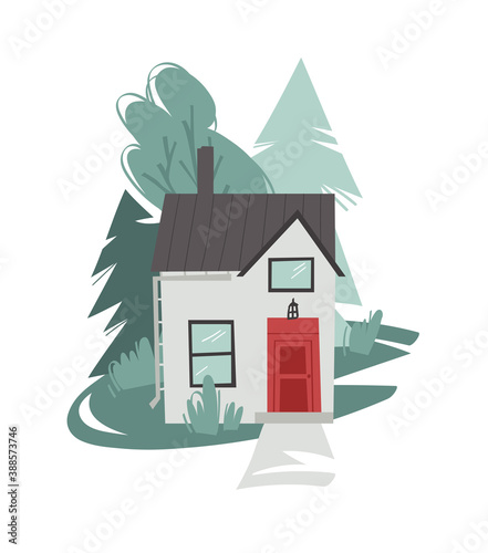 Hand Drawn Cartoon House in Garden Background. Flat style illustration Cozy Home. Little Vector Cottage Drawing. Creative Digital Art Work