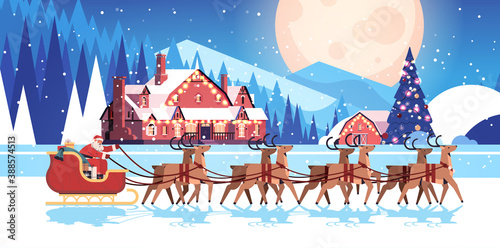 santa riding sledge with reindeers happy new year and merry christmas greeting card holidays celebration concept night winter landscape background horizontal vector illustration