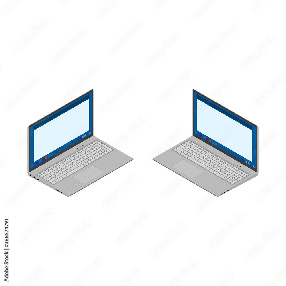 Laptop, gray. Left and right view, isometric design. 3D render. Vector illustration. Laptop, gray. Left and right view, isometric design. 3D render. Vector illustration.