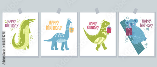 Photography Set of cute cards with wild animals and dinosaurs