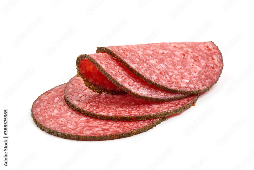 Sliced Salami with spices, isolated on white background Sliced Salami with spices, isolated on white background